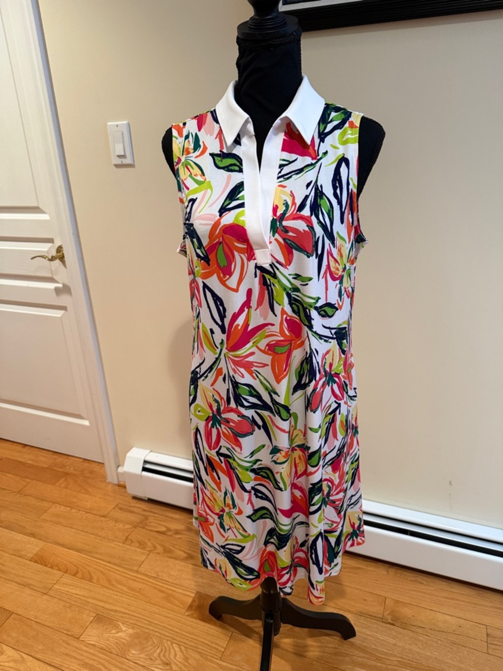 1. State White Dress with Pink, Coral, Green and Navy Floral Print